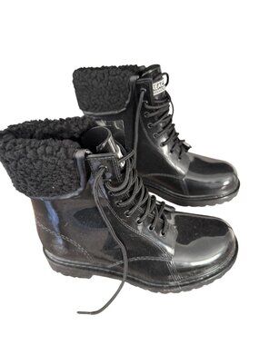Reaction Size 8 Black Patent Leather Combat Boots Faux Fur Lined